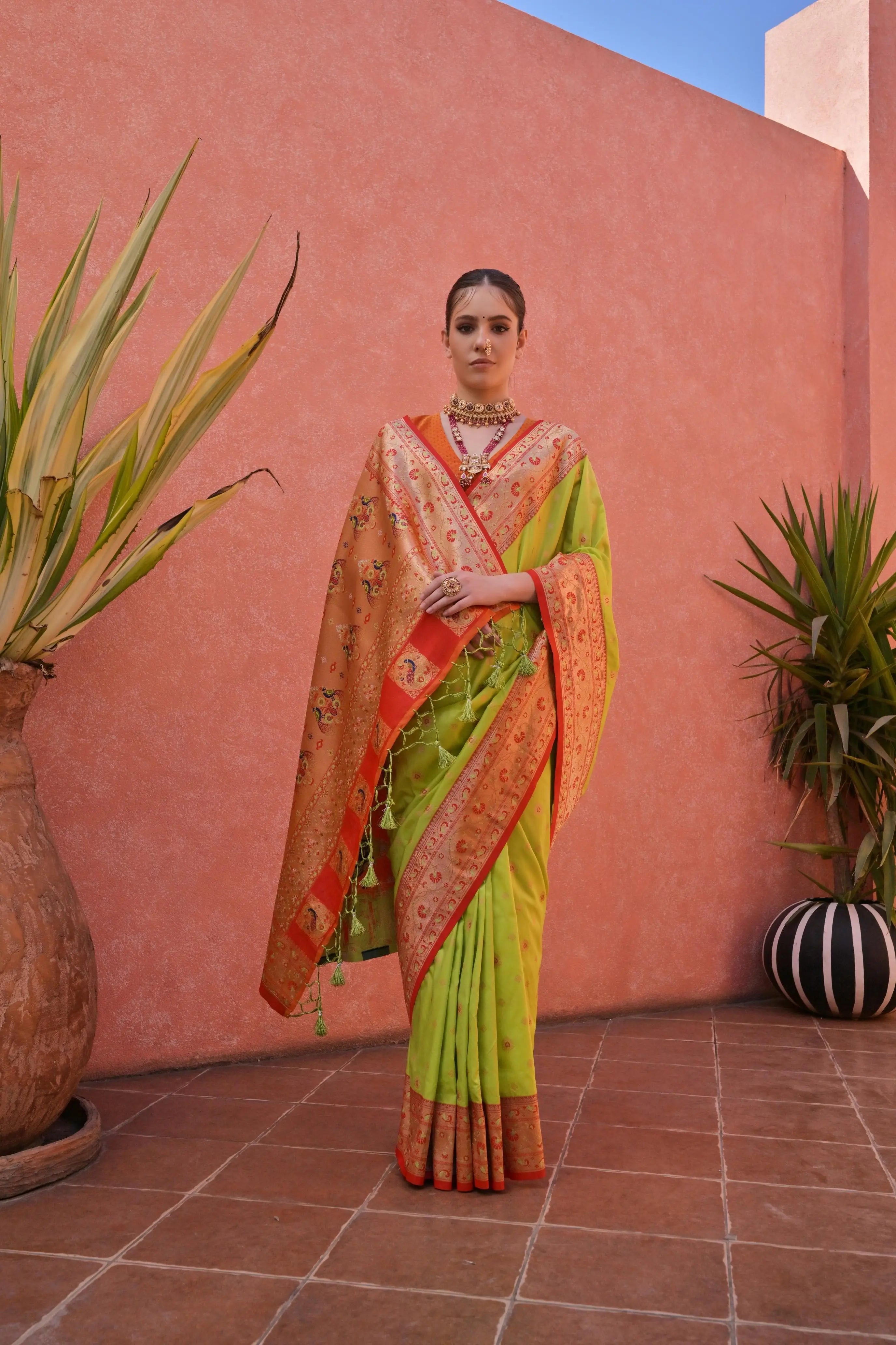 Green Red Zari Woven Silk Saree
